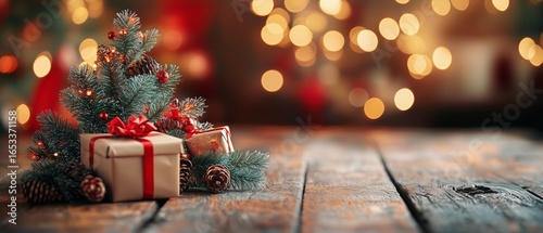 Christmas Tree With Decorations and Wrapped Gifts on Wooden Floor During Holi...