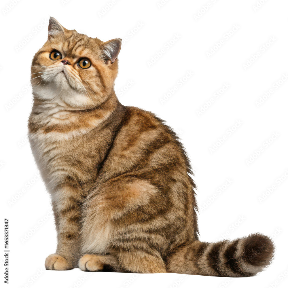 Obraz premium A beautiful exotic shorthair cat with tabby markings sitting elegantly looking upwards isolated on transparent background