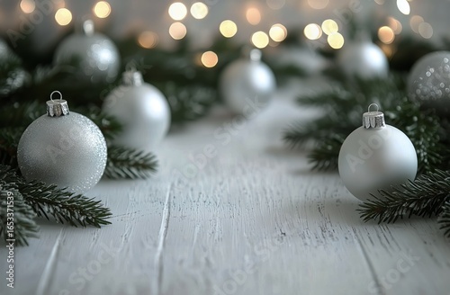 Elegant Silver Ornaments and Greenery Displayed on Wooden Surface for Holiday...