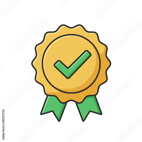 Gold quality badge with green check mark and ribbons, vector illustration.