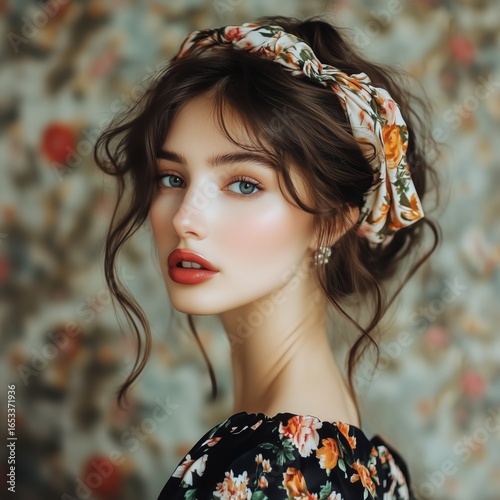 Elegant Young Woman With Floral Headband Posing Against a Vintage Floral Back...