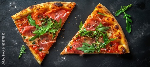 Delicious Freshly Baked Pizza With Arugula and Prosciutto Cut Into Slices.