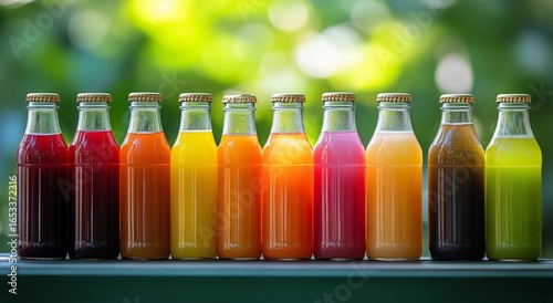 Colorful Array of Fresh Fruit Juices Displayed on a Wooden Table in a Vibrant...
