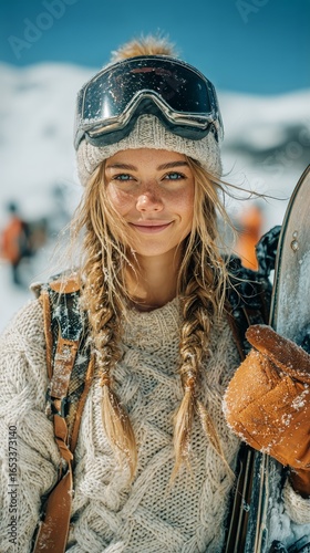Smiling Snowboarder Enjoying a Sunny Winter Day in the Mountains.