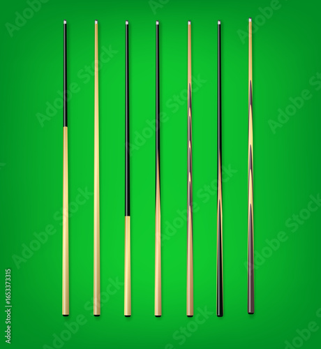 Billiard cues on green background. Snooker sports equipment. Vintage pool cue. Vector