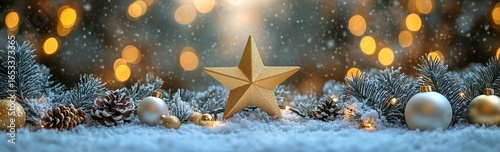 Holiday Decorations Create a Cozy Atmosphere With Golden Star and Ornaments S...