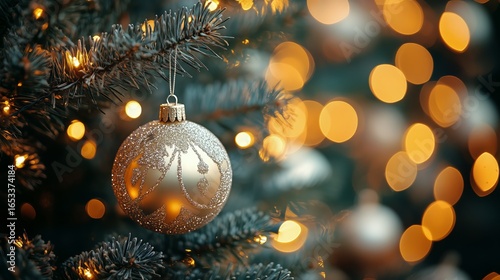 Beautiful Gold Ornament Hanging on a Christmas Tree With Glowing Lights in th...
