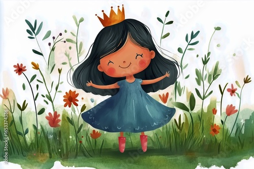 Happy Girl Wearing a Crown Dancing Among Colorful Flowers in a Vibrant Garden...
