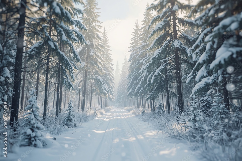 Naklejka premium Sunlit path through a snow covered evergreen forest.