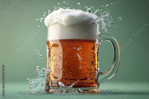 Refreshing Beer Splashes in a Glass Against a Soft Green Background.