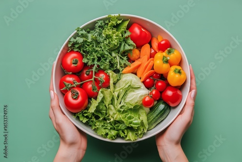 Fresh Vegetables in a Bowl Held by Hands on a Green Background During Daylight