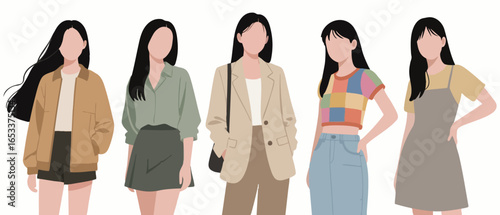 Five Fashionable Women in Trendy Outfits Flat Vector Illustration