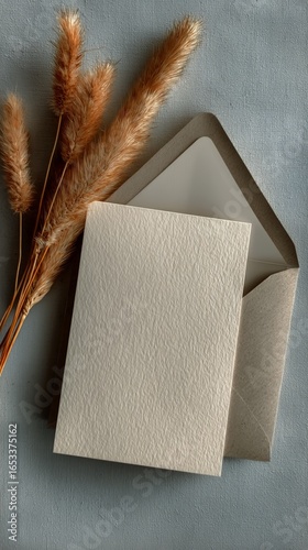 Elegant Envelope With Blank Card and Dried Grass on Textured Surface.