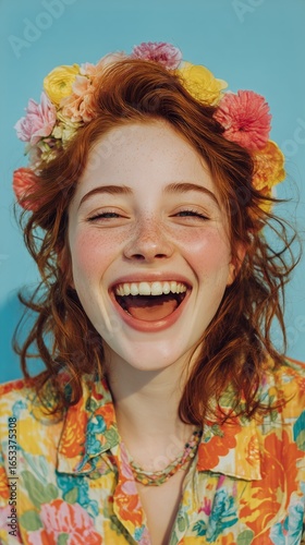Woman With Floral Crown Smiles Brightly Against a Colorful Background During ...