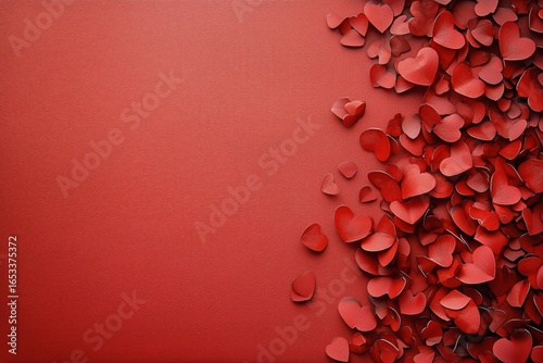 Colorful Heart Shapes Spread on a Vibrant Red Background for Romantic Celebra...