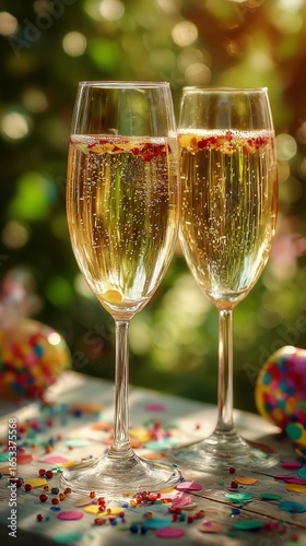 Celebratory Drinks With Colorful Confetti in a Vibrant Outdoor Setting During...