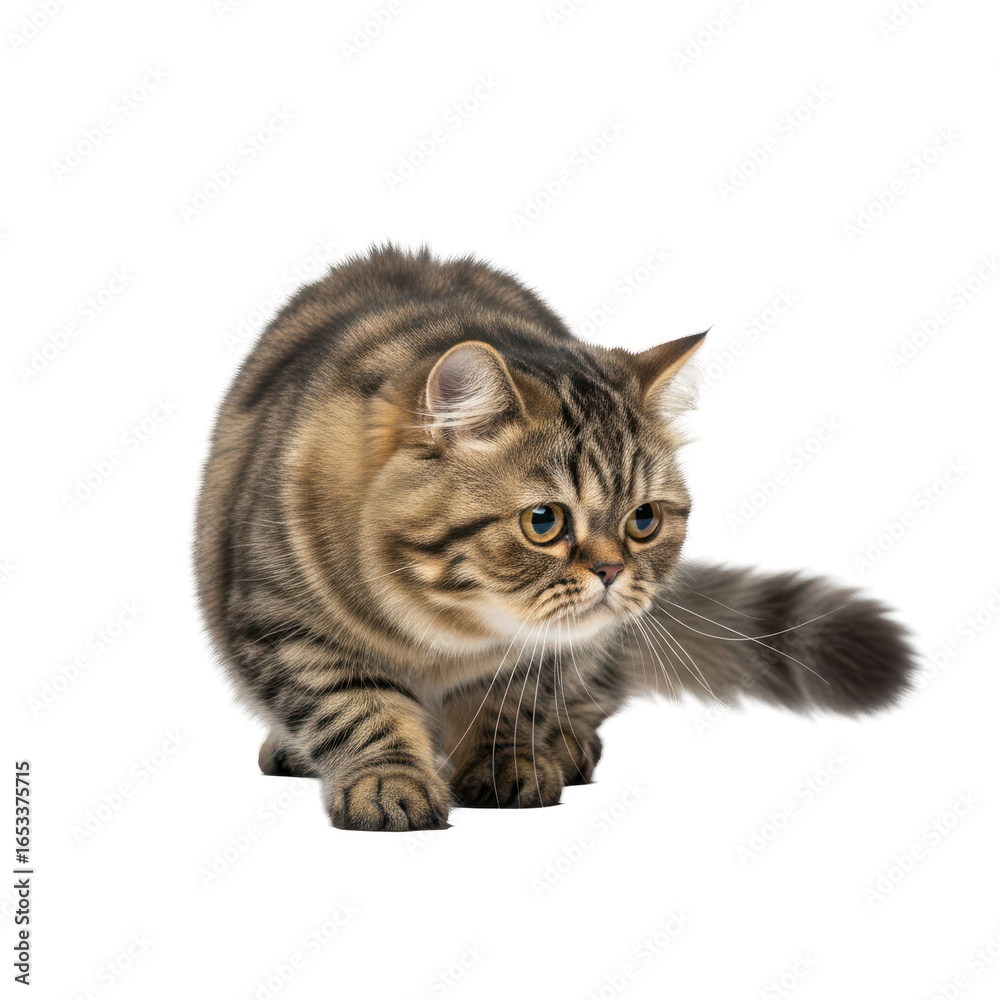 Obraz premium Curious tabby cat in a stalking pose, capturing attention with its focused gaze and alert expression