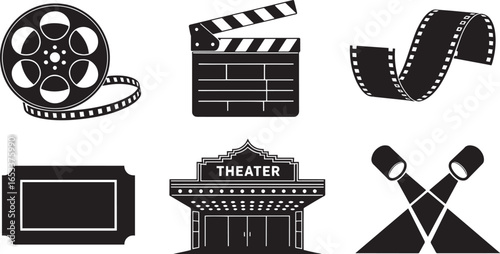 Entertainment and Arts Icons Film Reel, Clapperboard, Film Strip, Ticket, Theater, Lights