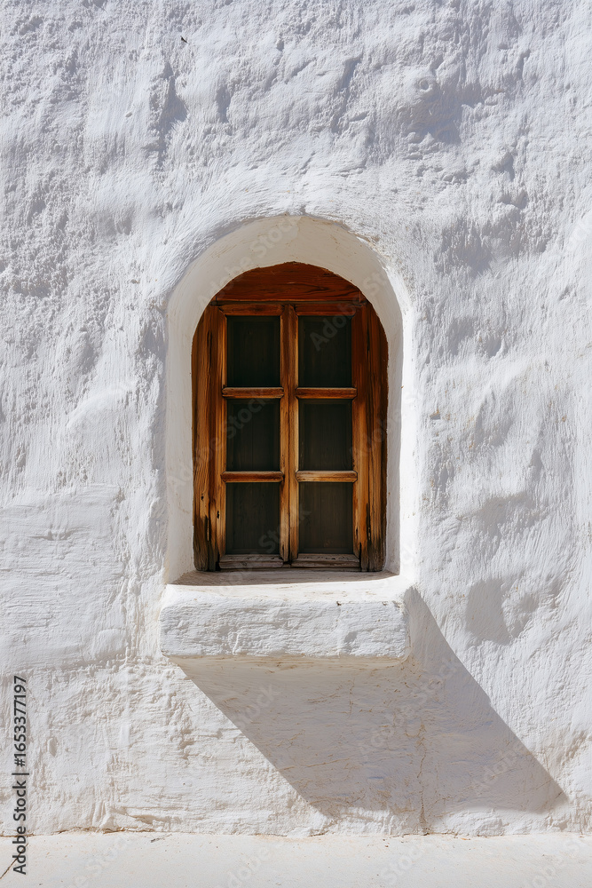 Fototapeta premium Wooden arched window in white textured wall.
