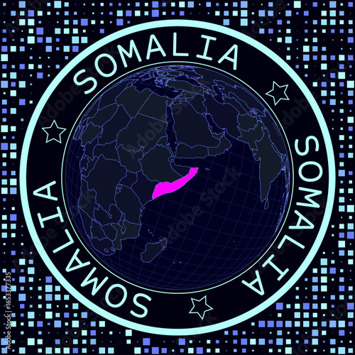 Somalia on globe vector. Futuristic satelite view of the world centered to Somalia. Geographical illustration with shape of country and squares background. Bright neon colors on dark background.