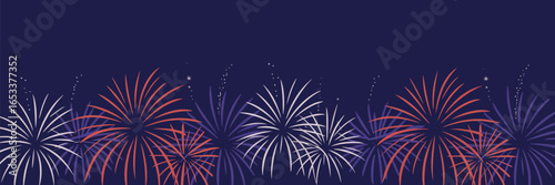 Fireworks display against a dark blue background with red and white bursts in a celebratory scene