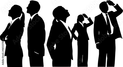 Vector silhouettes of men and women, a group of standing business people, looking up, back view, profile, black color isolated on white background