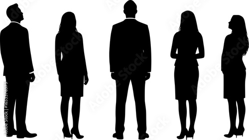 Vector silhouettes of men and women, a group of standing business people, looking up, back view, profile, black color isolated on white background