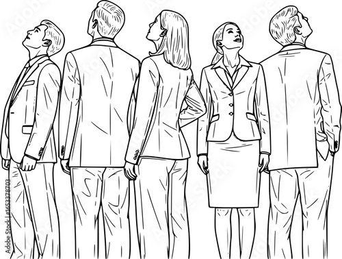 Vector silhouettes of men and women, a group of standing business people, looking up, back view, profile, black color isolated on white background