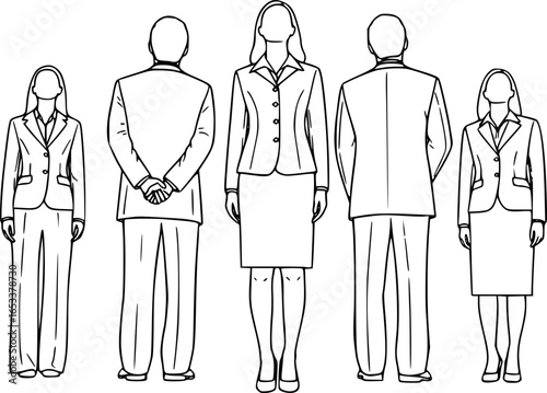Vector silhouettes of men and women, a group of standing business people, looking up, back view, profile, black color isolated on white background
