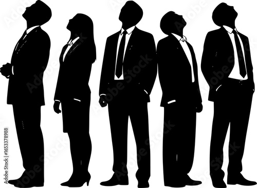 Vector silhouettes of men and women, a group of standing business people, looking up, back view, profile, black color isolated on white background