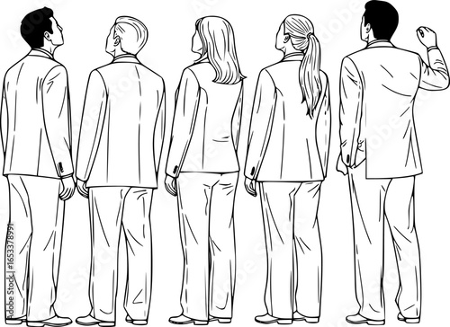 Vector silhouettes of men and women, a group of standing business people, looking up, back view, profile, black color isolated on white background