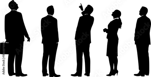 Vector silhouettes of men and women, a group of standing business people, looking up, back view, profile, black color isolated on white background