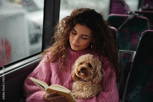 A young woman enjoys reading on a bus while cuddling her adorable dog creating a warm and peaceful atmosphere