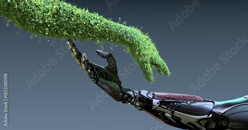 Green technology and AI integration conceptual design, symbol of The Nature as human arm covered with grass and lush touching highly detailed robotic hand, rendered on blue background. 3d render