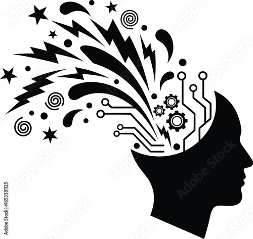 Vector art of silhouette of a human head with creative ideas exploding out isolated on white background