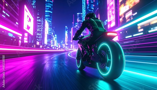 Futuristic motorcycle in a vibrant neon-lit city street