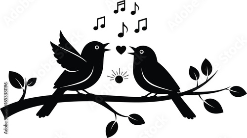 Vector art of two birds singing on a branch with musical notes isolated on white background