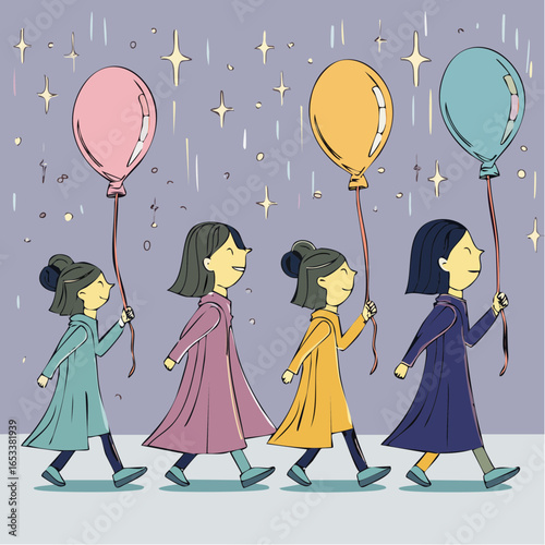 a parade of four personified emotion characters marching left to right, including joy with a balloon, vector illustration for mental health, emotional expression, and playful design projects