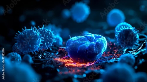 A microscopic view shows a red virus cell surrounded by blue immune cells. Concept of disease and immunity.