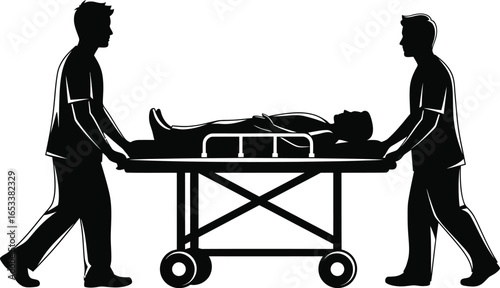 Vector art of two paramedics carrying a patient on a stretcher isolated on white background