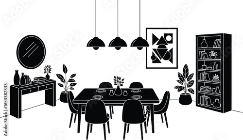 Vector art of modern dining room interior design with table chairs and decor