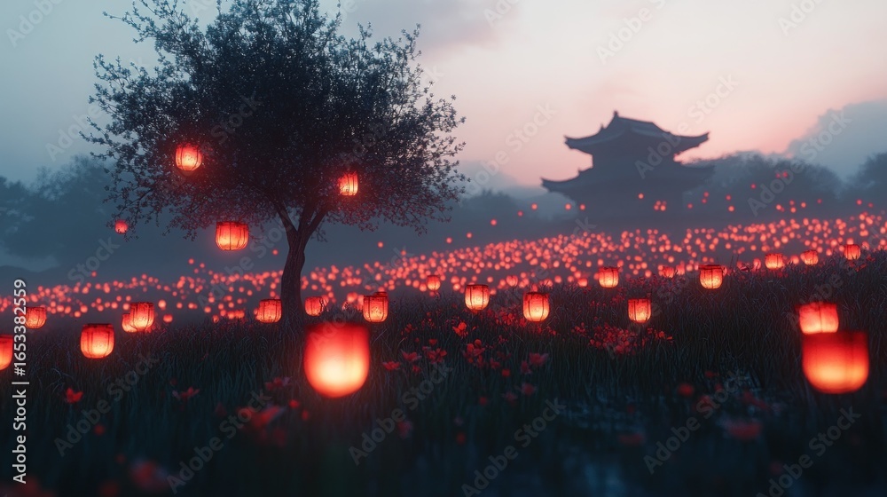 Fototapeta premium Mystical lantern field at twilight