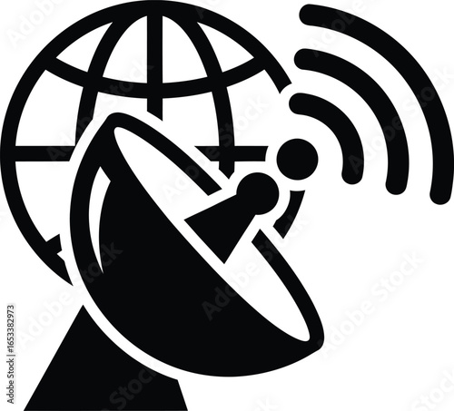 Vector art of satellite dish communicating with the globe via wireless signals