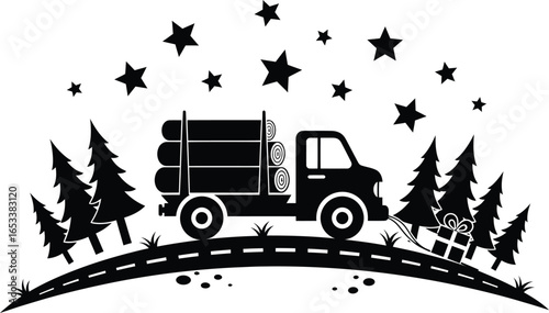 Vector art of logging truck carrying logs through a forest under stars