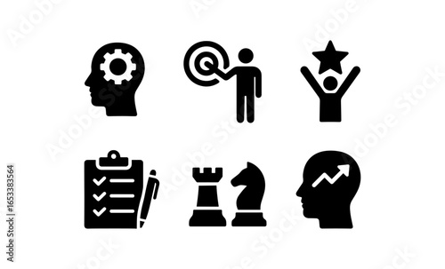 Black icons on achievements and strategy featuring chess and growth