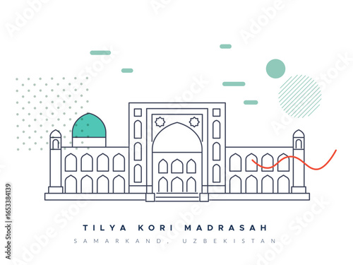 Tilya-Kori Madrasa in Samarkand, Uzbekistan - Stock Illustration
