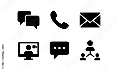 Minimalist communication icons set featuring chat, call, email, video conference, and networking symbols