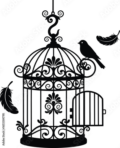 Vector art of black silhouette of a bird escaping an ornate cage, isolated on white background