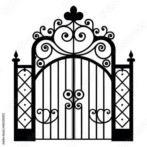 Ornate black wrought iron gate with decorative scrolls and finials vector