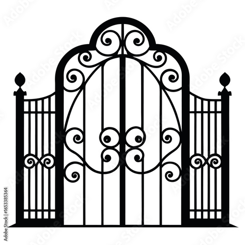 Ornate Black Wrought Iron Gate with Scrollwork on White Background vector